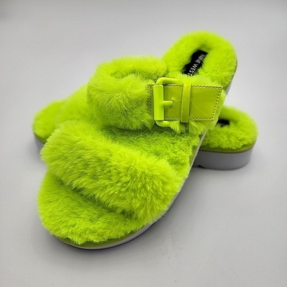 Nine West Women's Funkie‎ fuzzy neon green faux Furry Slide buckled Sandals